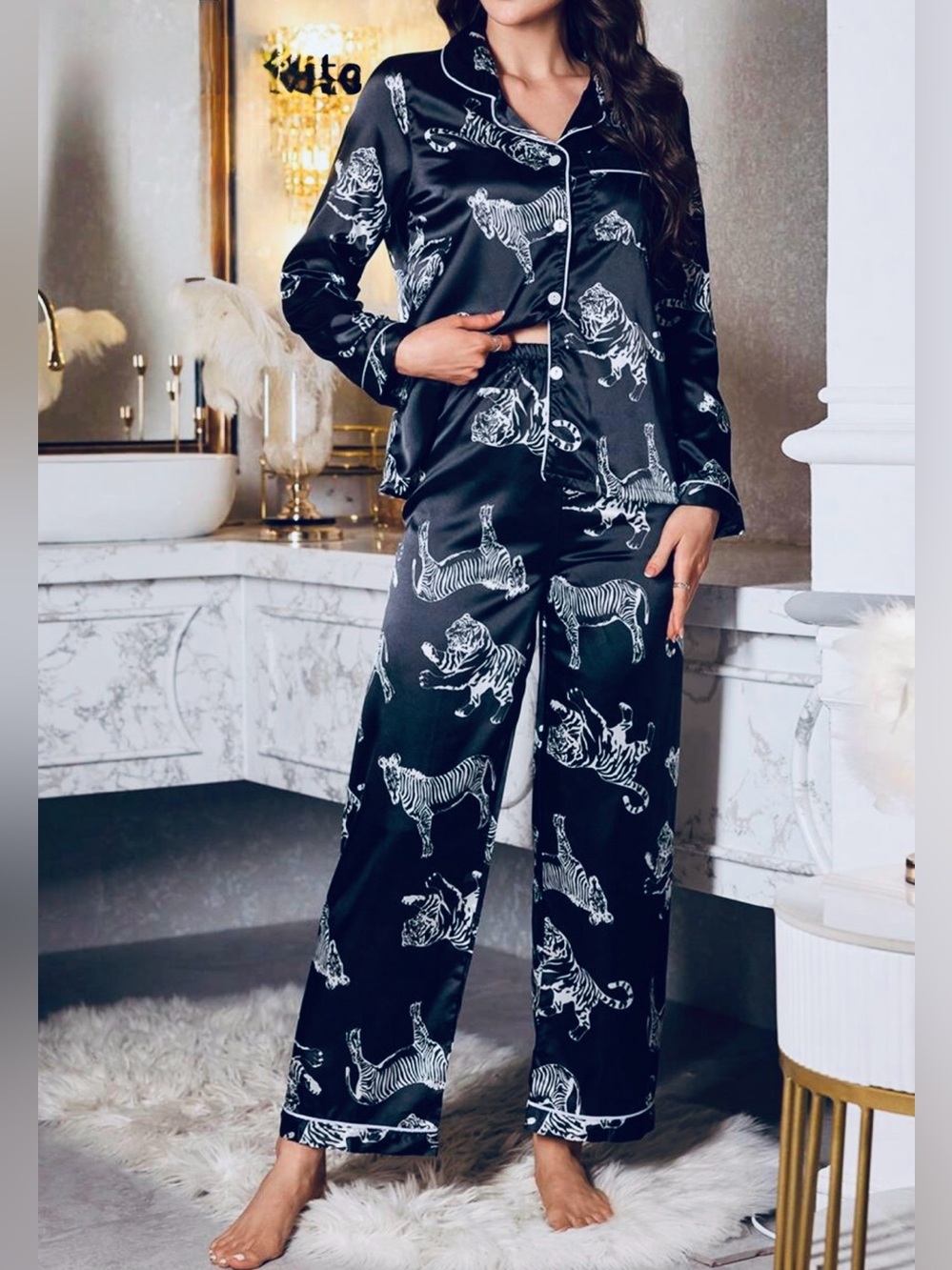 Luxe Nights Black Satin Tiger Print Pajama Set